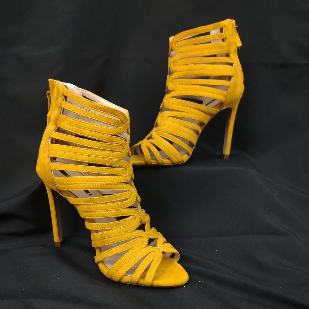 Zara Basic Yellow Faux Suede Strappy Caged Open Toe Stiletto High Heels Size 9